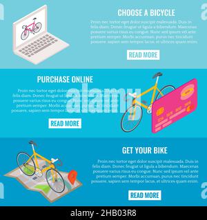 Vektor-Satz von Online-Fahrrad-Shopping-Konzept horizontale Banner. Wählen Sie ein Fahrrad, Online kaufen, erhalten Sie Ihre Fahrrad-Vorlagen mit isometrischen Laptop, credi Stock Vektor