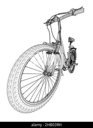 Detaillierter Bike-Wirerframe aus schwarzen Linien isoliert auf weißem Hintergrund. Perspektivische Ansicht. 3D. Vektorgrafik. Stock Vektor