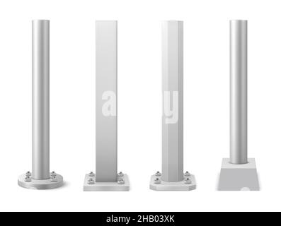 Metallstangen und Säulen aus Stahl. Realistische Vektorsäulen aus Metall, die mit Schrauben und Schraubenmutter auf massiven runden und quadratischen Sockel geschraubt werden. Architektonisch, ind Stock Vektor