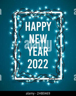 Frohes neues Jahr 2022 Poster mit weihnachtsbeleuchtung. Saisonale Flyer und Grußkarten für Weihnachtsferien. Festlicher Girlande-Rahmen. Vektorgrafik Stock Vektor
