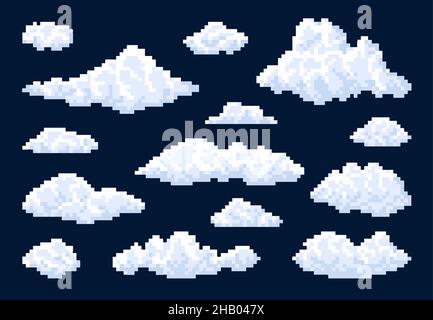 Weiß isoliert flauschige Blase Pixel Wolken in blauen Himmel, Vektor 8bit Pixel Kunst Spiel Symbole. Cartoon 8 bit Raum Hintergrund mit Wolken Landschaft Elemente Stock Vektor