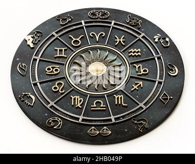 Das Horoskoprad mit Sternzeichen und Sternbildern des Tierkreises. 3D Abbildung. Stockfoto