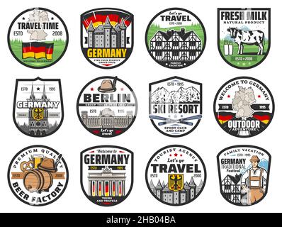 Deutschland Reise-Ikonen, Wahrzeichen und Kultur-Vektor-Symbole. Schloss, Brandenburger Tor und Reichstagsgebäude, bayerisches Fachwerkhaus und Milch CO Stock Vektor