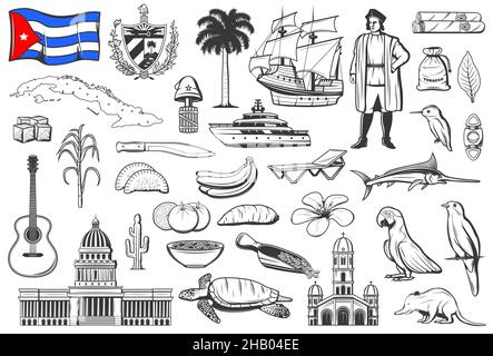 Cuba nationale Symbole, Küche und Natur graviert Ikonen gesetzt. Flagge Kubas und Wappen, Kapitolgebäude und Inselkarte, Schiff von Christoph Kolumbus, Stock Vektor
