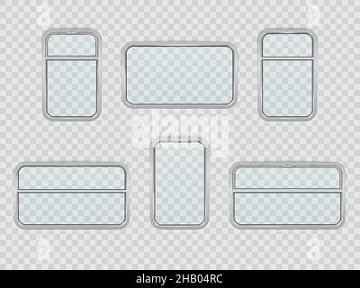 Bahn, Bahn, U-Bahn und U-Bahn realistische Innenfenster. Vector Set von klaren Gläsern mit Metallrahmen in Wagen. Fahrgastraum in der Eisenbahn Stock Vektor