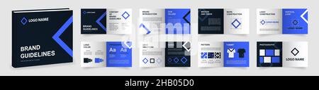 Vorlage für Markenrichtlinien. Vorlage für dunkelblaue Logo-Richtlinien. Multifunktionelles Markenhandbuch-Präsentationsmodo. Logo Guide Book Layout Stock Vektor