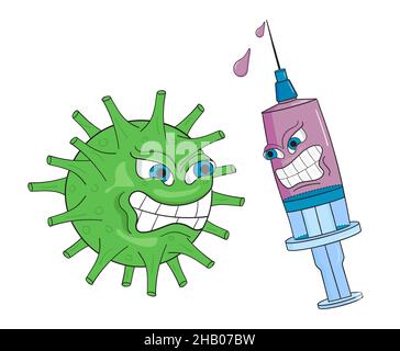 Impfvektor für Coronavirus. Artonspritze mit einem Impfstoff und dem Covid-Virus. Zeit zum Impfen. Stock Vektor