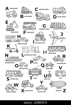 ABC Auto schwarz-weiß umrandet. Englisches Alphabet Stock Vektor