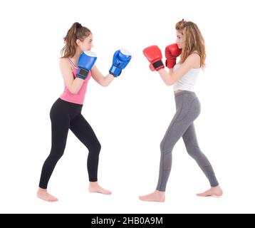 Kickboxen Mädchen kämpfen. Isoliert auf weißem Hintergrund. Studioaufnahme Stockfoto