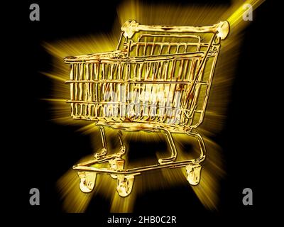 Goldener Warenkorb auf schwarzem Hintergrund - Inflationskonzept Stockfoto