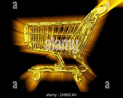 Goldener Warenkorb auf schwarzem Hintergrund - Inflationskonzept Stockfoto