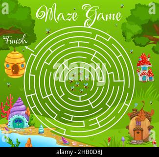 Labyrinth Labyrinth, Bienenschwarm finden ihren Weg zum Bienenstock. Vektor-Kid-Spiel Aufgabe Arbeitsblatt mit Pilz, Eichel, Muschel und Bienenstock Märchen Häuser oder dw Stock Vektor