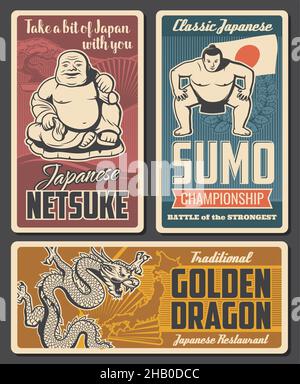 Japan Netsuke, Sumo-Turnier und Restaurant Retro-Poster. Hotei Buddha-Statue, Sumo-Wrestler und japanischer Drachenvektor. Japanische Kultur, nationale spo Stock Vektor