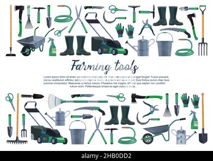 Vektorposter für Gartenbau, landwirtschaftliche Werkzeuge, Instrumente und Geräte. Schaufel, Axt, Messer und Schubkarre, Säge, Rechen, Rasenmäher und Schlauch mit Gießkanne Stock Vektor
