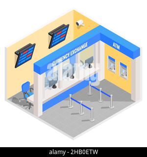 Wechselstube im isometrischen Stil. Vector flach 3D Finanzen und Geld isolierte Symbole und Elemente. Geldwechsel im Innenraum Stock Vektor