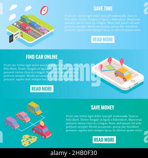 Carpool-Service-Konzept-Banner im isometrischen Design. Vektor flach 3D Symbole. Menschen, die Autos teilen. Mobiles Smartphone zum Teilen der Fahrt und Verwendung Stock Vektor