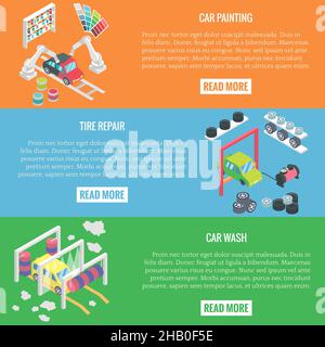 Car Service Center isometrische horizontale Banner. Vector Flat 3D Designelemente. Auto Lackierung, Kollisionsreparatur, Autowäsche, Reifenwechsel, Automechaniker Stock Vektor