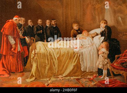 Tod durch Tuberkulose des Königs von Spanien, Alfonso XII (1857-1885) am 25. November 1885. Seine Witwe, Königin Maria Cristina, die zweite Frau des Monarchen, ist am Kopfende des Bettes dargestellt. Illustration nach dem Gemälde von Benlliure y Gil ('Tod von Don Alfonso XII, der letzte Kuss'). Chromolithographie. 'Historia General de España' (Allgemeine Geschichte Spaniens), von Miguel Morayta. Volumen IX. Madrid, 1896. Stockfoto