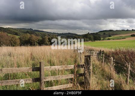 Ackerland im schottischen Hochland. Ein Holzzaun im Vordergrund. Wolkiger Himmel. Stockfoto