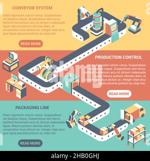 Conveyor Concept Vector flach isometrische horizontale Banner-Set Stock Vektor