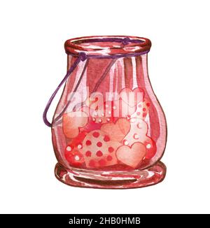 Aquarell Glas mit Herzen. Illustration zum Valentinstag. Liebeskonzept Stockfoto