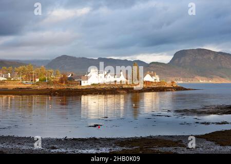 Ein kleines Dorf am Ufer des Loch Carron und eine kleine Insel vor dem Dorf Plockton an der Westküste in Schottland beherbergt eine kleine Anzahl von Bäumen Stockfoto