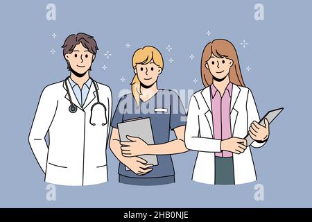 Gesundheitsmedizin und Ärzte Konzept. Gruppe junger lächelnder Ärzte mit Stethoskop und Krankenschwester, die mit Dokumenten steht und die Kamera als Team-Vektor-Illustration betrachtet Stock Vektor