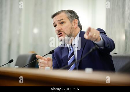 WASHINGTON, DC - 15. DEZEMBER: Senator Ted Cruz (R-TX) nimmt am 15. Dezember 2021 in Washington, DC an einer Anhörung des Senats für Handel, Wissenschaft und Transport zur Aufsicht über die Luftfahrtindustrie im Russell Senate Office Building auf dem Capitol Hill Teil. Die Führungskräfte des Luftverkehrs sagten während der Aufsichtsanhörung über den aktuellen Stand der US-Luftfahrtbranche aus. (Foto von Chip Somodevilla/Pool/Sipa USA) Stockfoto