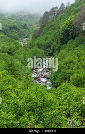 Der Naturpark Tunca-Tal am Fuße des Altınparmak-Gebirges ist ein faszinierender Ort mit seinen Wäldern, Blumen, Stein- und Holzhäusern... Stockfoto