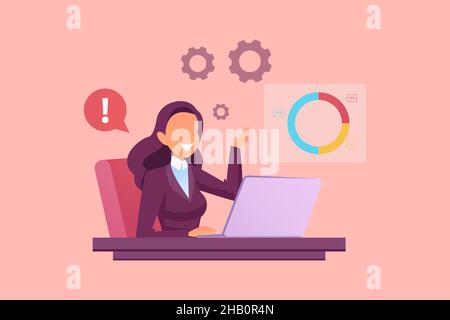 Vektor einer jungen Geschäftsfrau, die am Computer arbeitet und am Schreibtisch sitzt, um nach Ideen für das Start-up zu suchen Stock Vektor