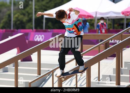 25th. JULI 2021 - TOKIO, JAPAN: HORIGOME Yuto aus Japan beim Skateboarding Men's Street Final bei den Olympischen Spielen 2020 in Tokio in Aktion (Foto von Stockfoto