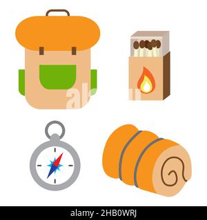 Set von touristischen und Camping-Ausrüstung. Kompass, Rucksack, Streichhölzer und Schlafsack. Dinge für einen aktiven Urlaub. Gepäcksymbole für Reisen, journe Stock Vektor