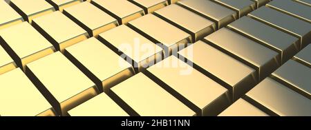 Feiner Goldbarren Hintergrund. Glänzende Bullions, goldene Barren im Bankgewölbe. Schatzsteine stapeln. Investment, Wealth and Business Concept.3D Illustration Stockfoto