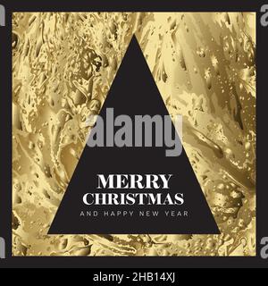 Vector dark modern schlicht trendige Premium-Weihnachtskarte aus Gold mit abstraktem Dreieck-weihnachtsbaum und minimalistischem schlichten Schriftzug. golde Metallic Stock Vektor