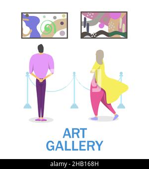 Kunstgalerie, Museumsausstellung, Vektordarstellung. Menschen betrachten moderne abstrakte Kunst Malerei an der Wand. Kulturelle Veranstaltung Stock Vektor
