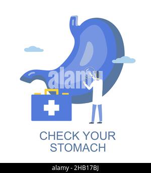 Magenkontrolle. Arzt untersucht menschliche Bauchschmerzen, Vektordarstellung. Gastroenterologie. Verdauungsdiagnostik. Stock Vektor