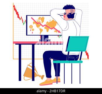 Aktienhändler, Geschäftsmann verliert Geld. Börsencrash, Weltwirtschafts- und Finanzkrise, Vektordarstellung. Stock Vektor