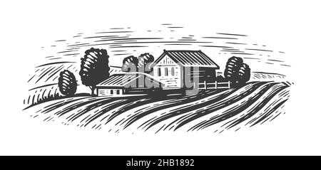 Landschaft Landschaft Bauernhof Felder. Ländliche rustikale Ansicht Skizze vintage Vektor Illustration Stock Vektor