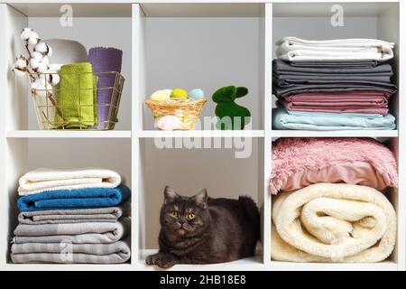 Stapel von Handtüchern, Laken, Bettwäsche, Decken und Kissen auf einem weißen Regal. Organisation der Lagerung. Osterfest Stockfoto