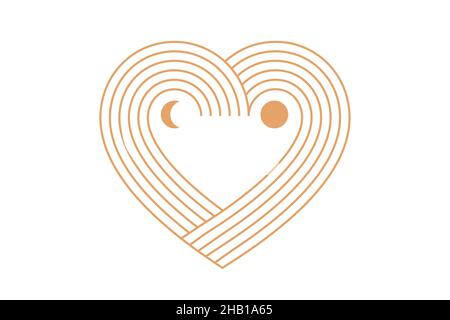 Minimalistische Grußkarte zum Valentinstag mit Bohemian-Motiven und Wandbildern. Herz, Sonne, Mond und Regenbogen, Designvorlagen, Geometrisches, abstraktes Design Stock Vektor