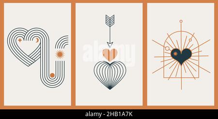 Minimalistische böhmische Grußkarten zum Valentinstag, Wandbilder. Herz, Lippen, Sonne und Regenbogen, Designvorlagen, geometrisches abstraktes Design Stock Vektor