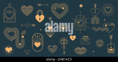 Minimalistische Bohemian Valentinstag Elemente, Kunst lineare Symbole und Symbole, Herz, Lippen, Sonne und Regenbogen, Design-Vorlagen, Geometrisches, abstraktes Design Stock Vektor