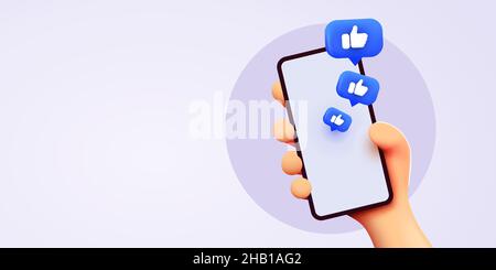 Niedliche Cartoon-Hand hält Handy mit Likes Benachrichtigungssymbole. Social Media und Marketing Konzept. Vektorgrafik Stock Vektor