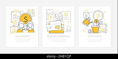 Budget, Betrieb, Investition - moderne Banner im Liniendesign-Stil auf weißem Hintergrund mit Platz für Text. Familiengeldverteilung, Karte BA Stock Vektor