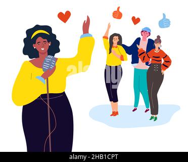 Singling live - moderne bunte flache Design-Stil Illustration auf weißem Hintergrund. Drei Freunde hören einem Mädchen zu, das mit einem Mikrofon spielt. So Stock Vektor