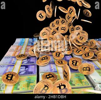 Bitcoin fällt auf marokkanische Banknoten von 50 Dirham. bitcoin-Symbol . Stockfoto