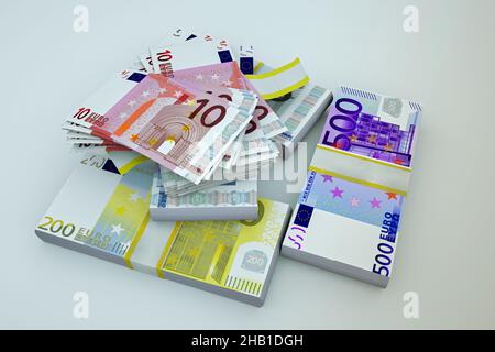 Geldstapel. Euro-Banknoten. 3D Abbildung. Stockfoto