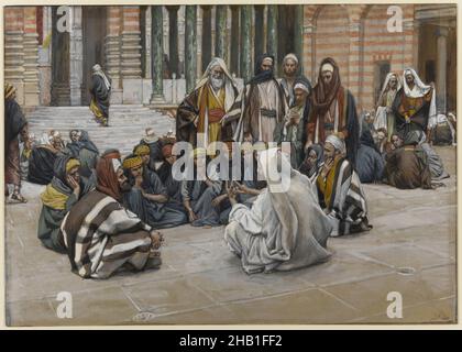 Jesus spricht in der Nähe der Schatzkammer, Jésus parle près du trésor, das Leben unseres Herrn Jesus Christus, La Vie de Notre-Seigneur Jésus-Christ, James Tissot, Französisch, 1836-1902, Deckfarbenes Aquarell über Graphit auf grauem Wove-Papier, Frankreich, 1886-1896, Bild: 6 5/8 x 9 5/16 Zoll, 16,8 x 23,7 cm, Apostel, Bibel, biblisch, Katholizismus, Christus, Christentum, Französisch, Jesus, Jesus Christus, Johannes 8:20, Neues Testament, Religion, Religion Stockfoto