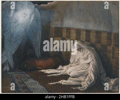 Die Verkündigung, L'annonciation, das Leben unseres Herrn Jesus Christus, La Vie de Notre-Seigneur Jésus-Christ, James Tissot, Französisch, 1836-1902, Deckfarbenes Aquarell über Graphit auf grauem Wove-Papier, Frankreich, 1886-1894, Bild: 6 11/16 x 8 9/16 in., 17 x 21,7 cm, Engel, ange, Engel, Verkündigung, Bibel, biblisch, Katholizismus, Christentum, Konzeption, Drapierei, Glaube, Gabriel, gabriel, Demut, Jesus, Licht, Marie, Maria, Neues Testament, Schwangerschaft, Erlösung, Religion, Religion, religiöse Kunst, Teppich, Teppiche, Tissot, Jungfrau Stockfoto