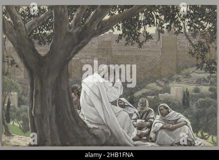 Die Prophezeiung der Zerstörung des Tempels, La prédication de la ruine du Temple, das Leben unseres Herrn Jesus Christus, La Vie de Notre-Seigneur Jésus-Christ, James Tissot, Französisch, 1836-1902, Deckfarbenes Aquarell über Graphit auf grauem Wove-Papier, Frankreich, 1886-1894, Bild: 7 1/8 x 11 1/16 Zoll, 18,1 x 28,1 cm, Apostel, Christus, Christentum, Jünger, Französisch, Gospel Harmony, James Tissot, Jerusalem, Jesus, Leben Christi, männliche Gestalten, Markus 13:3-14, Messias, Neues Testament, Prophetie, Prophet, Religion, religiöse Kunst, traurig, Abonnement, Tempel, Tissot, Baum, Aquarell Stockfoto